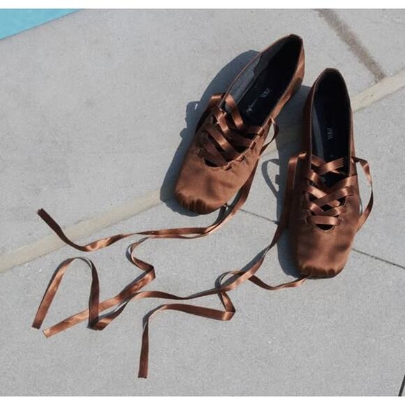 ZARA Lace Up Ballet Flats NWT Ochre Brown Satin Effect Size 7.5 - Picture 7 of 16